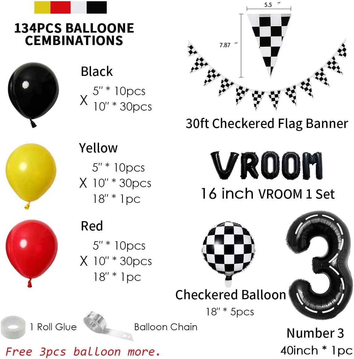 134pcs Balloons Race Car Party Supplies - Racing Car Theme Decorations Kit With Number Balloons, Garland, Vroom Birthday Party Decorations
