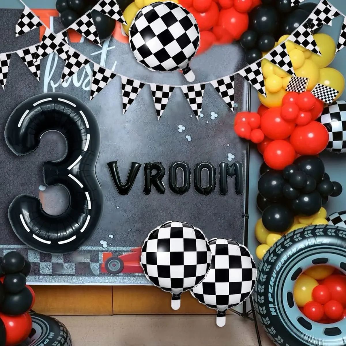 134pcs Balloons Race Car Party Supplies - Racing Car Theme Decorations Kit With Number Balloons, Garland, Vroom Birthday Party Decorations