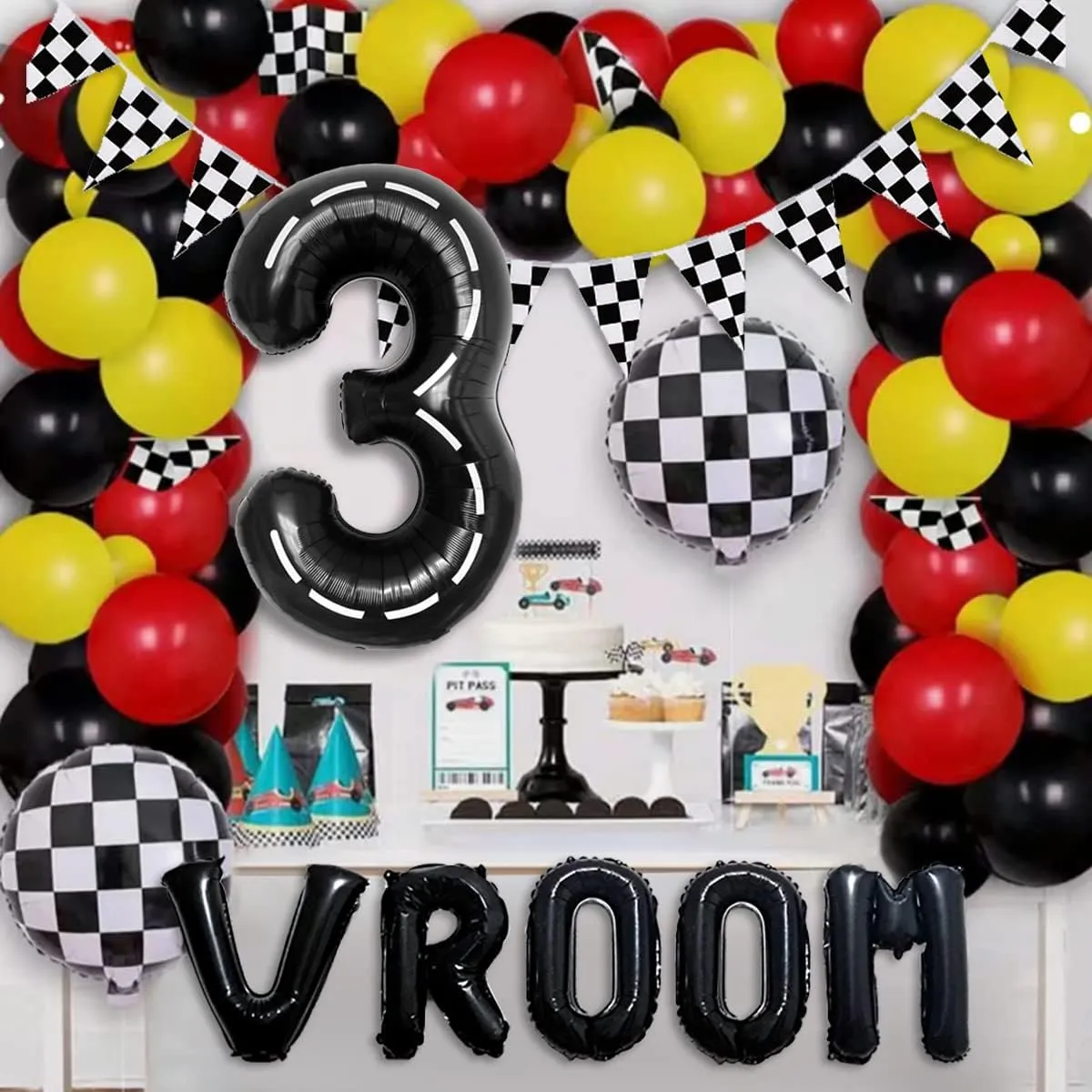 134pcs Balloons Race Car Party Supplies - Racing Car Theme Decorations Kit With Number Balloons, Garland, Vroom Birthday Party Decorations