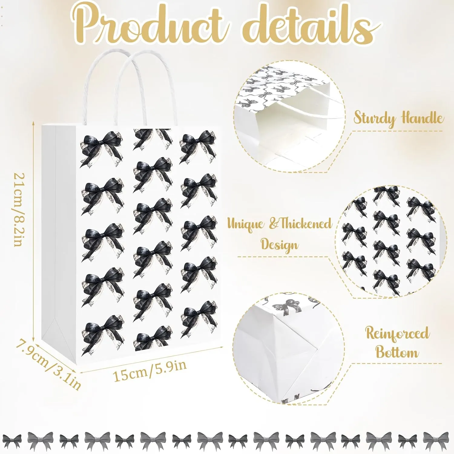 24 Pcs Black Bow Themed Party Favor Paper Bags,Black and White Birthday Decoration Bow Gift Treat Goodie Candy Bags with Handles for Birthday Bridal Engagement Bachelorette Baby Shower Party Supplies