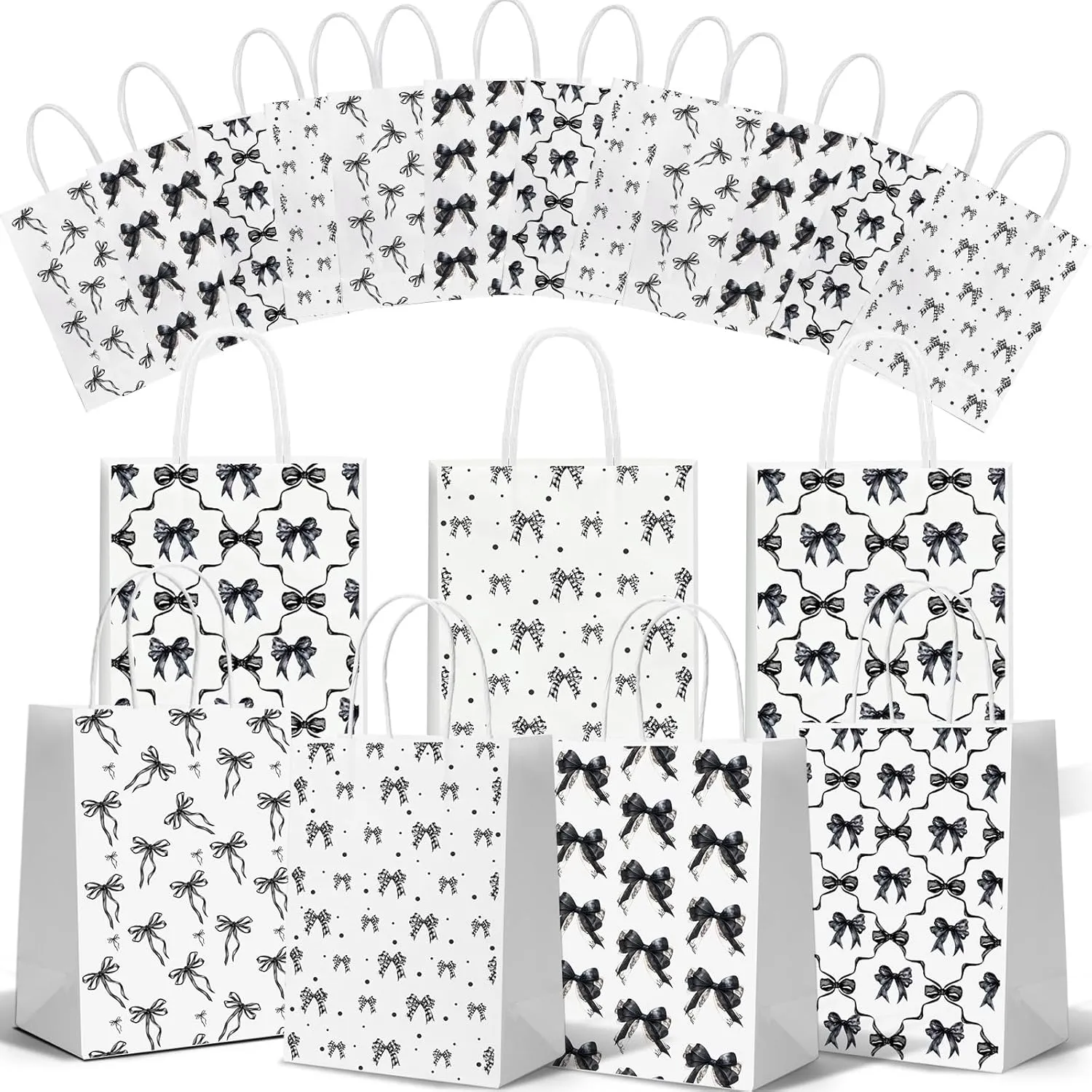 24 Pcs Black Bow Themed Party Favor Paper Bags,Black and White Birthday Decoration Bow Gift Treat Goodie Candy Bags with Handles for Birthday Bridal Engagement Bachelorette Baby Shower Party Supplies