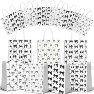 24 Pcs Black Bow Themed Party Favor Paper Bags,Black and White Birthday Decoration Bow Gift Treat Goodie Candy Bags with Handles for Birthday Bridal Engagement Bachelorette Baby Shower Party Supplies