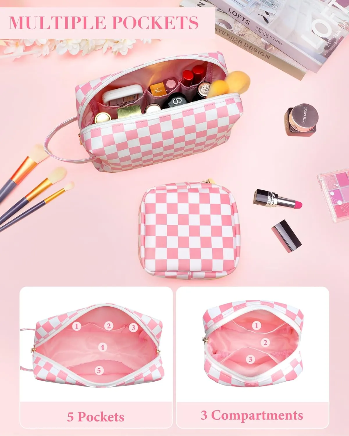 2Pcs Makeup Bag for Women, Large Checkered Cosmetic Bags with Small Makeup Pouch Set, Cute Leather Make Up Orgnizer with Zipper, Travel Skincare Toiletry Storage Bag for Teens Girls Gifts(Black)