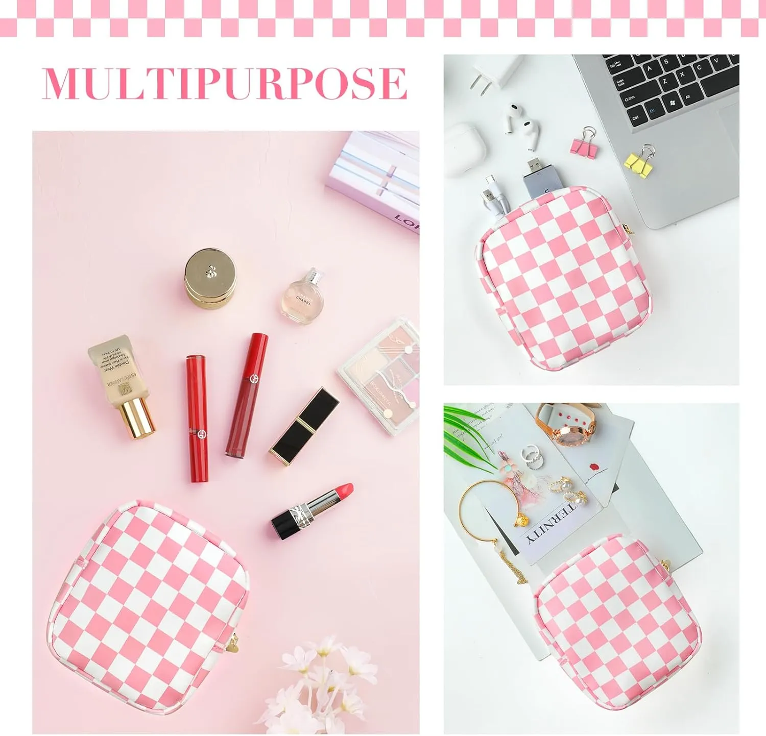 2Pcs Makeup Bag for Women, Large Checkered Cosmetic Bags with Small Makeup Pouch Set, Cute Leather Make Up Orgnizer with Zipper, Travel Skincare Toiletry Storage Bag for Teens Girls Gifts(Black)
