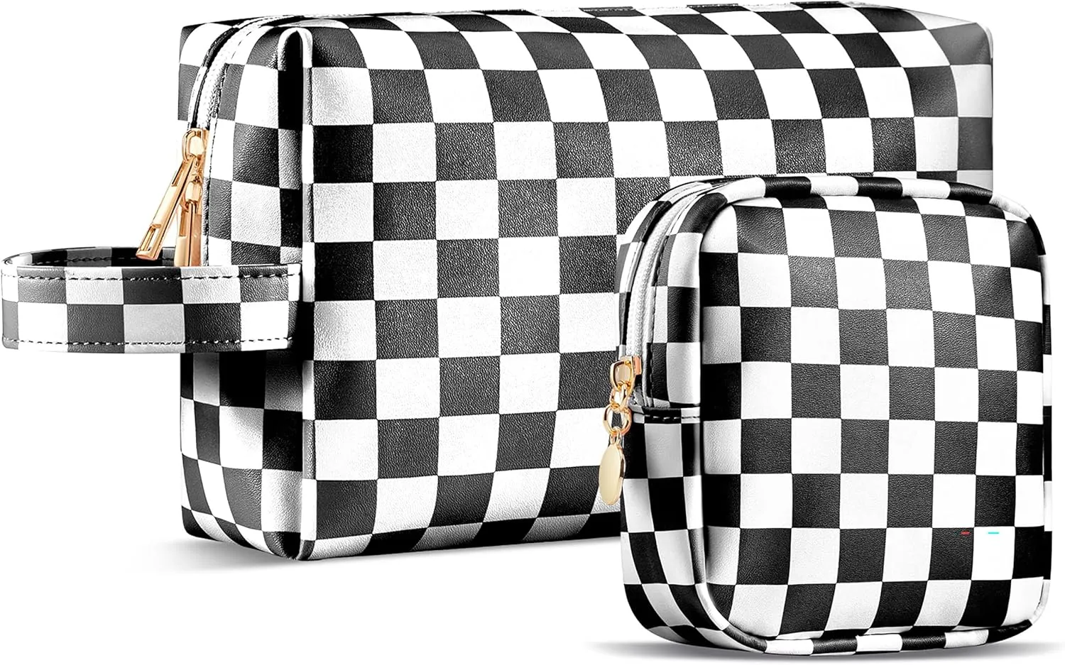 2Pcs Makeup Bag for Women, Large Checkered Cosmetic Bags with Small Makeup Pouch Set, Cute Leather Make Up Orgnizer with Zipper, Travel Skincare Toiletry Storage Bag for Teens Girls Gifts(Black)