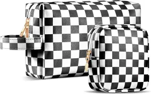 2Pcs Makeup Bag for Women, Large Checkered Cosmetic Bags with Small Makeup Pouch Set, Cute Leather Make Up Orgnizer with Zipper, Travel Skincare Toiletry Storage Bag for Teens Girls Gifts(Black)