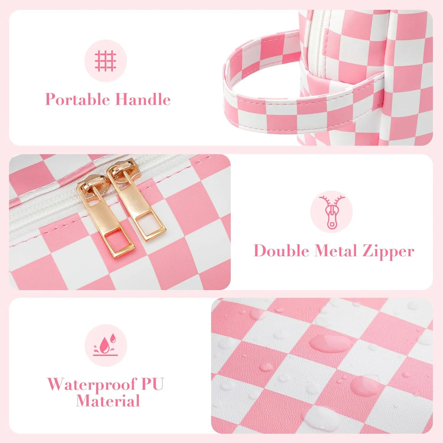 2Pcs Makeup Bag for Women, Large Checkered Cosmetic Bags with Small Makeup Pouch Set, Cute Leather Make Up Orgnizer with Zipper, Travel Skincare Toiletry Storage Bag for Teens Girls Gifts(Black)