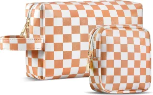 2Pcs Makeup Bag for Women, Large Checkered Cosmetic Bags with Small Makeup Pouch Set, Cute Leather Make Up Orgnizer with Zipper, Travel Skincare Toiletry Storage Bag for Teens Girls Gifts(Brown)