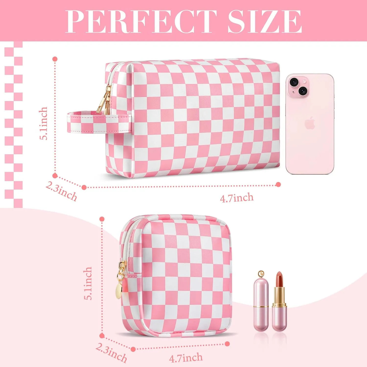 2Pcs Makeup Bag for Women, Large Checkered Cosmetic Bags with Small Makeup Pouch Set, Cute Leather Make Up Orgnizer with Zipper, Travel Skincare Toiletry Storage Bag for Teens Girls Gifts(Brown)