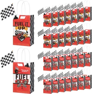 32 Pcs Race Car Party Bags with 32 Pcs Checkered Flags Race Goodie Candy Paper Bags Gifts Car Candy Treats Paperbags with Handle for Birthday Party Decor Supplies