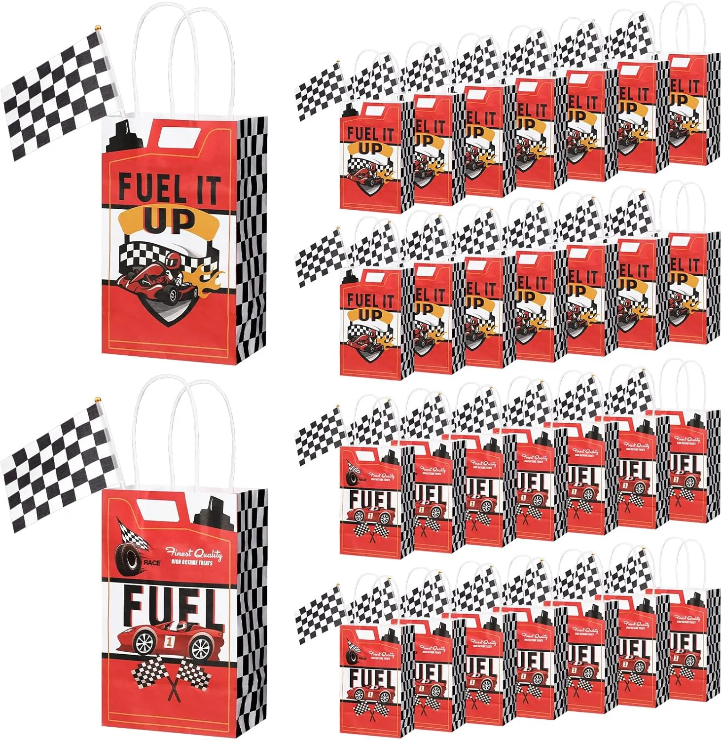 32 Pcs Race Car Party Bags with 32 Pcs Checkered Flags Race Goodie Candy Paper Bags Gifts Car Candy Treats Paperbags with Handle for Birthday Party Decor Supplies