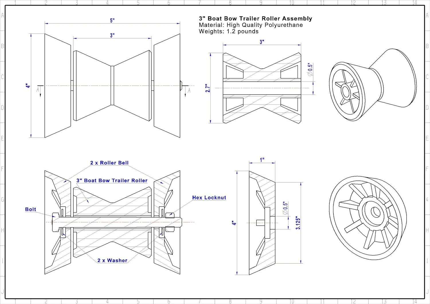 3" Boat Bow Trailer Roller Assembley with End Bells with 1/2" Shaft, fits 3 Inch Boat Trailer Bracket