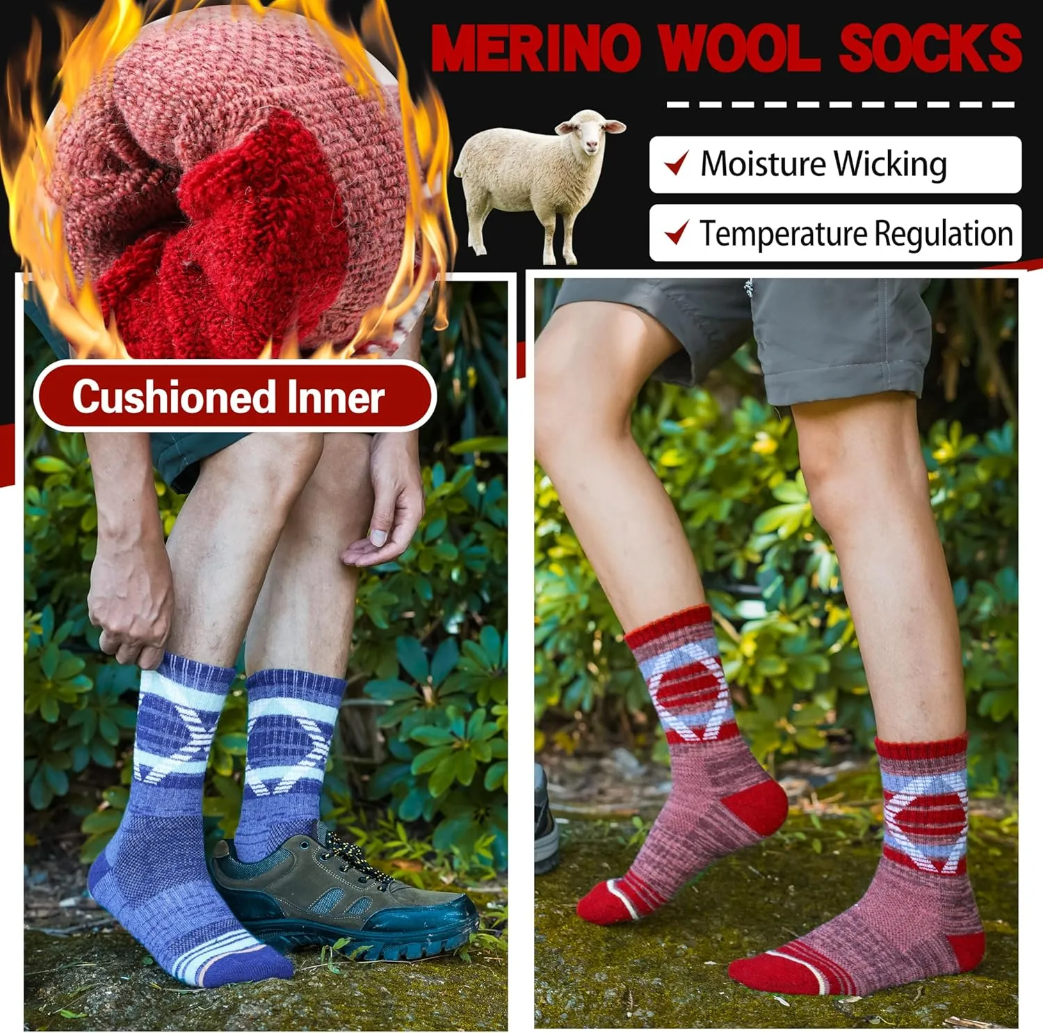 5 Pairs Merino Wool Hiking Socks Thermal Winter Warm Moisture Wicking Cushion Outdoor Socks for Women & Men