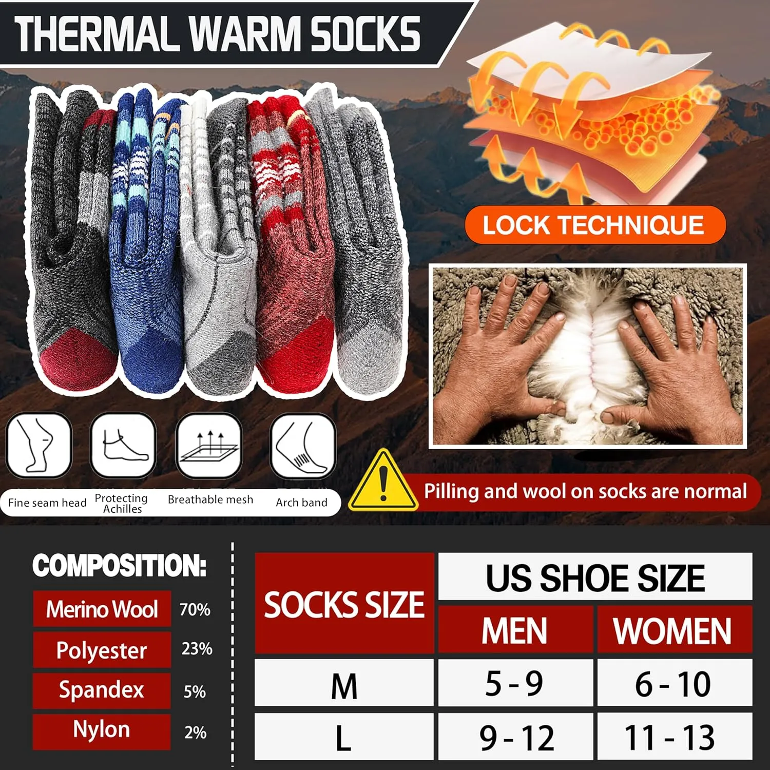 5 Pairs Merino Wool Hiking Socks Thermal Winter Warm Moisture Wicking Cushion Outdoor Socks for Women & Men