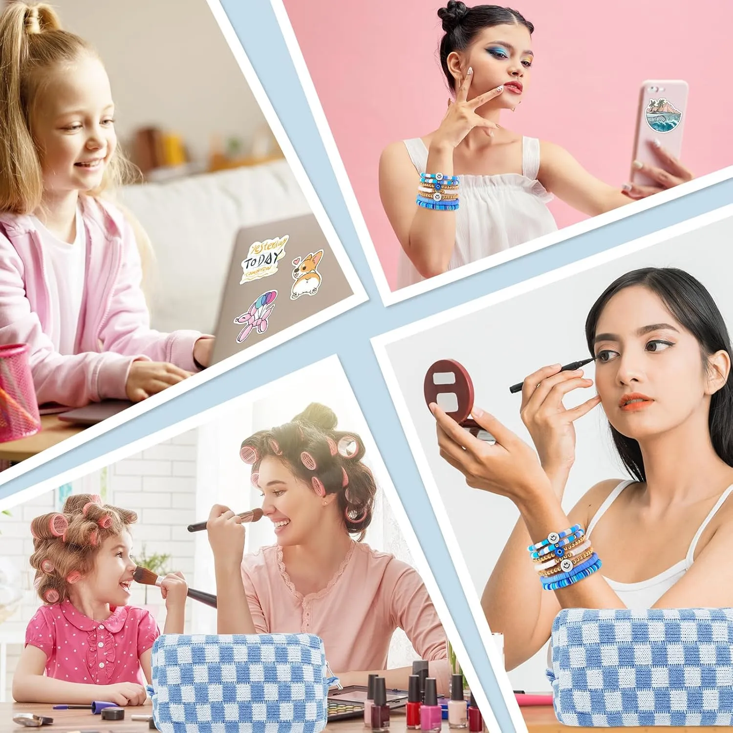58 Pcs Checkered Makeup Bag Set Preppy Aesthetic Cosmetic Bag Travel Makeup Pouch Toiletry Bag 7 Pcs Heishi Surfer Bracelets with 50 Pcs Cute Preppy Stickers for Women Girls Teens Gift