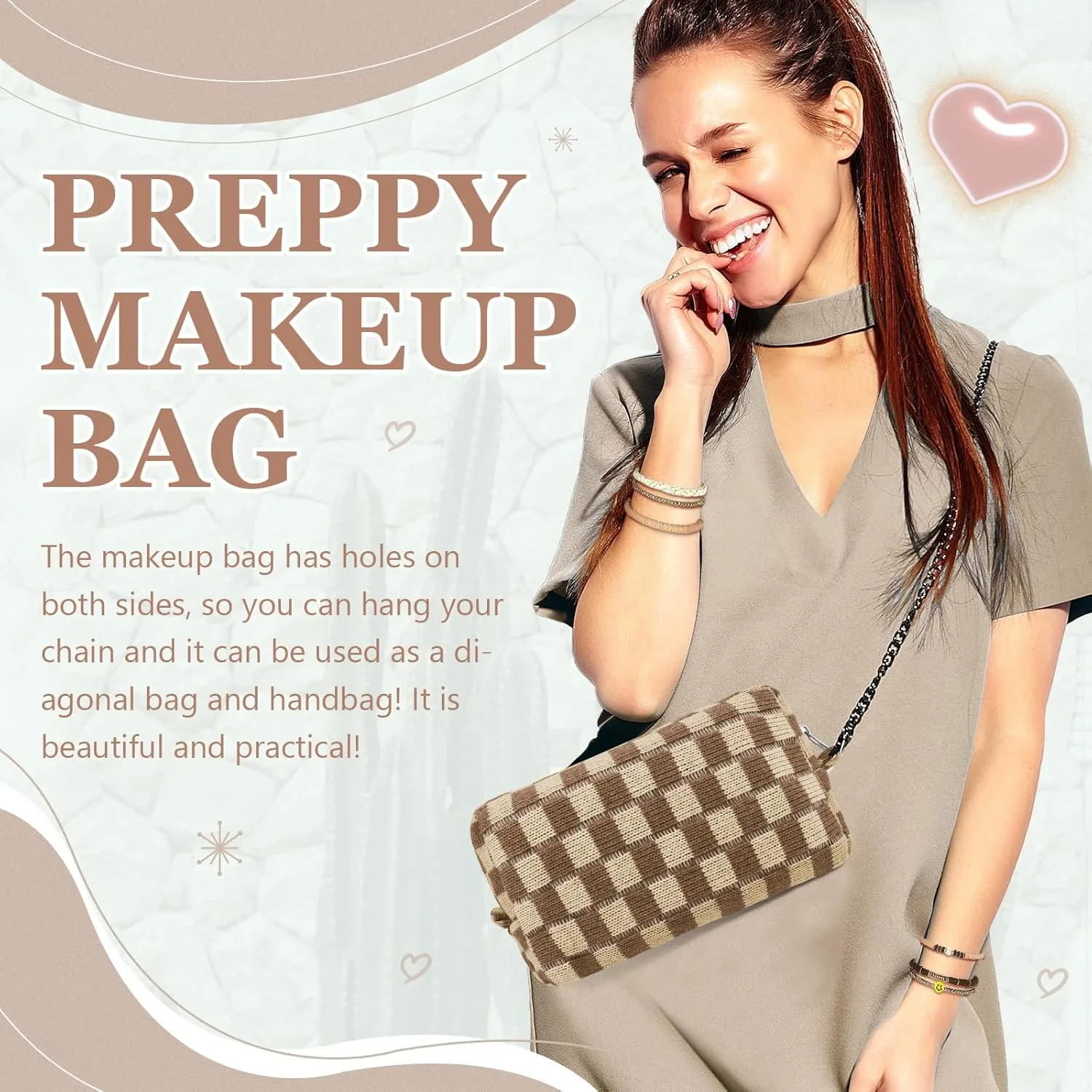 58 Pcs Checkered Makeup Bag Set Preppy Aesthetic Cosmetic Bag Travel Makeup Pouch Toiletry Bag 7 Pcs Heishi Surfer Bracelets with 50 Pcs Cute Preppy Stickers for Women Girls Teens Gift