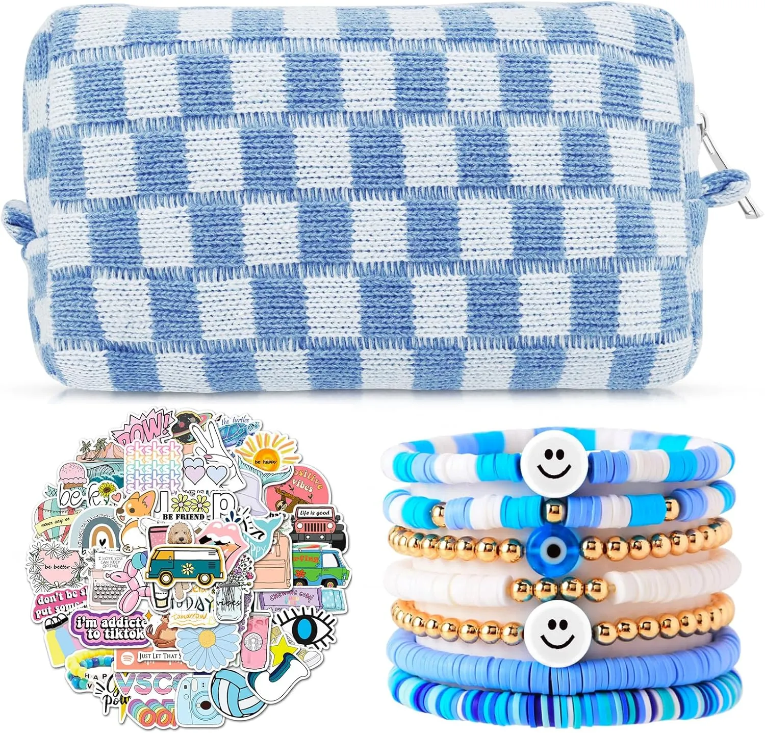 58 Pcs Checkered Makeup Bag Set Preppy Aesthetic Cosmetic Bag Travel Makeup Pouch Toiletry Bag 7 Pcs Heishi Surfer Bracelets with 50 Pcs Cute Preppy Stickers for Women Girls Teens Gift
