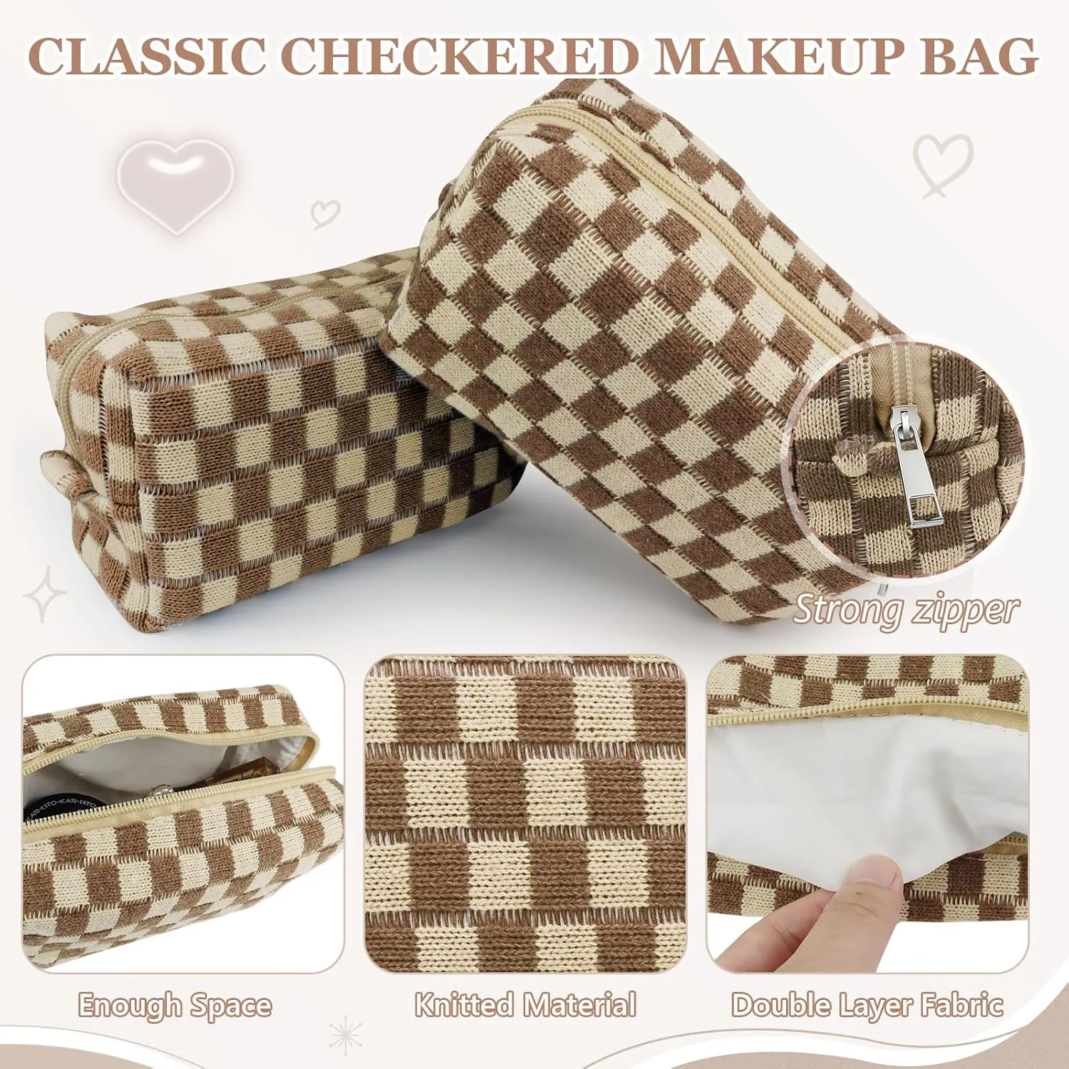 58 Pcs Checkered Makeup Bag Set Preppy Aesthetic Cosmetic Bag Travel Makeup Pouch Toiletry Bag 7 Pcs Heishi Surfer Bracelets with 50 Pcs Cute Preppy Stickers for Women Girls Teens Gift