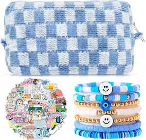 58 Pcs Checkered Makeup Bag Set Preppy Aesthetic Cosmetic Bag Travel Makeup Pouch Toiletry Bag 7 Pcs Heishi Surfer Bracelets with 50 Pcs Cute Preppy Stickers for Women Girls Teens Gift