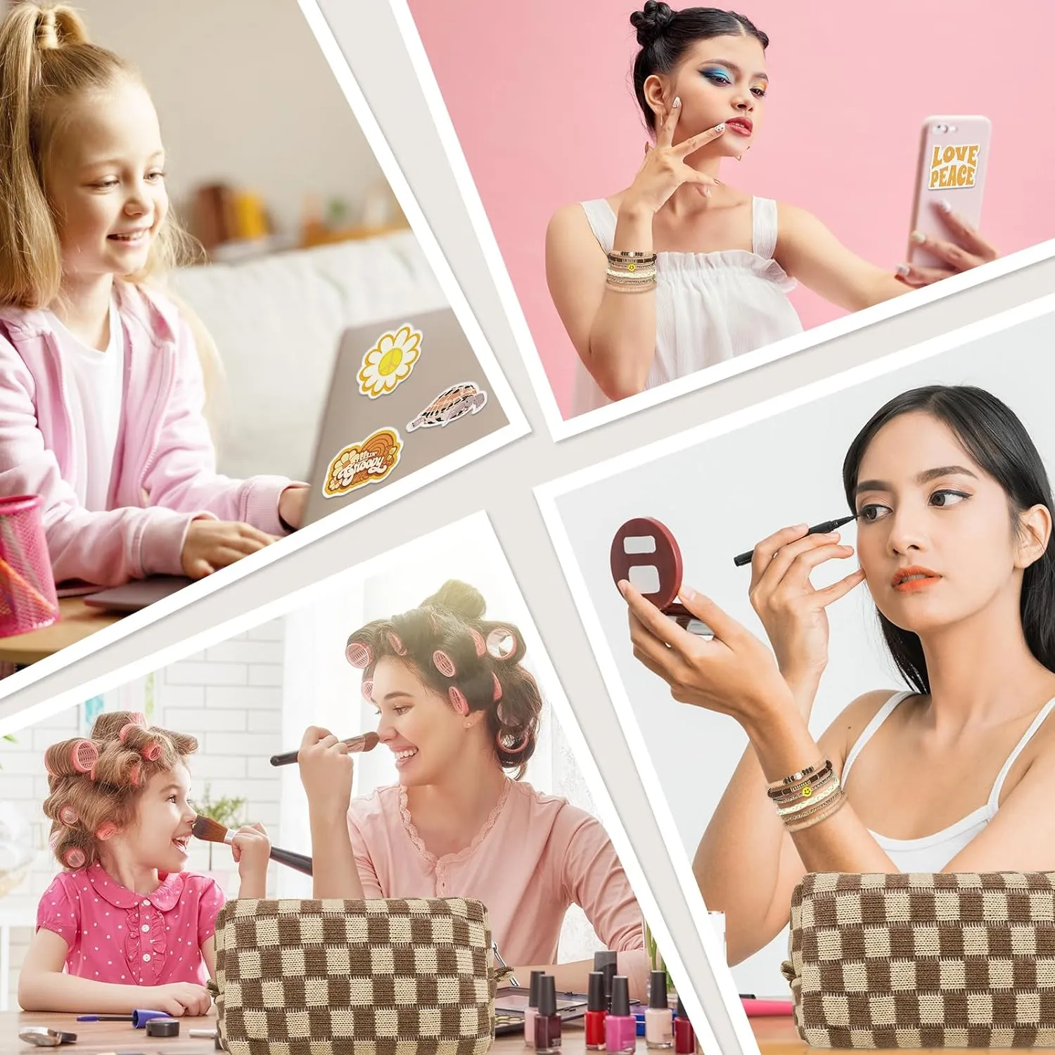 58 Pcs Checkered Makeup Bag Set Preppy Aesthetic Cosmetic Bag Travel Makeup Pouch Toiletry Bag 7 Pcs Heishi Surfer Bracelets with 50 Pcs Cute Preppy Stickers for Women Girls Teens Gift