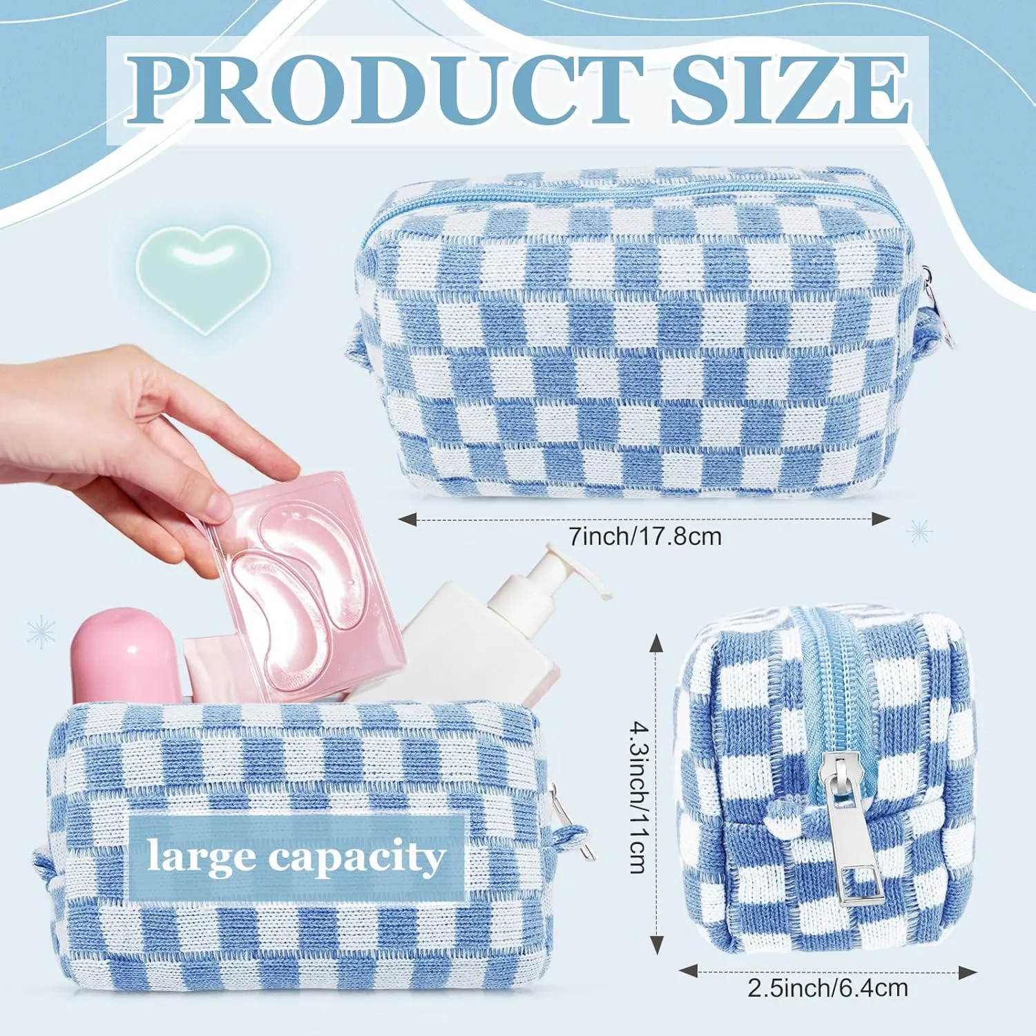 58 Pcs Checkered Makeup Bag Set Preppy Aesthetic Cosmetic Bag Travel Makeup Pouch Toiletry Bag 7 Pcs Heishi Surfer Bracelets with 50 Pcs Cute Preppy Stickers for Women Girls Teens Gift
