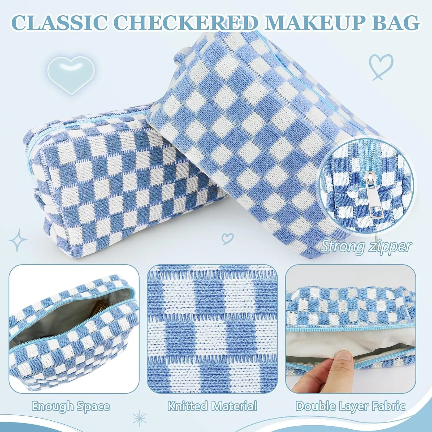 58 Pcs Checkered Makeup Bag Set Preppy Aesthetic Cosmetic Bag Travel Makeup Pouch Toiletry Bag 7 Pcs Heishi Surfer Bracelets with 50 Pcs Cute Preppy Stickers for Women Girls Teens Gift
