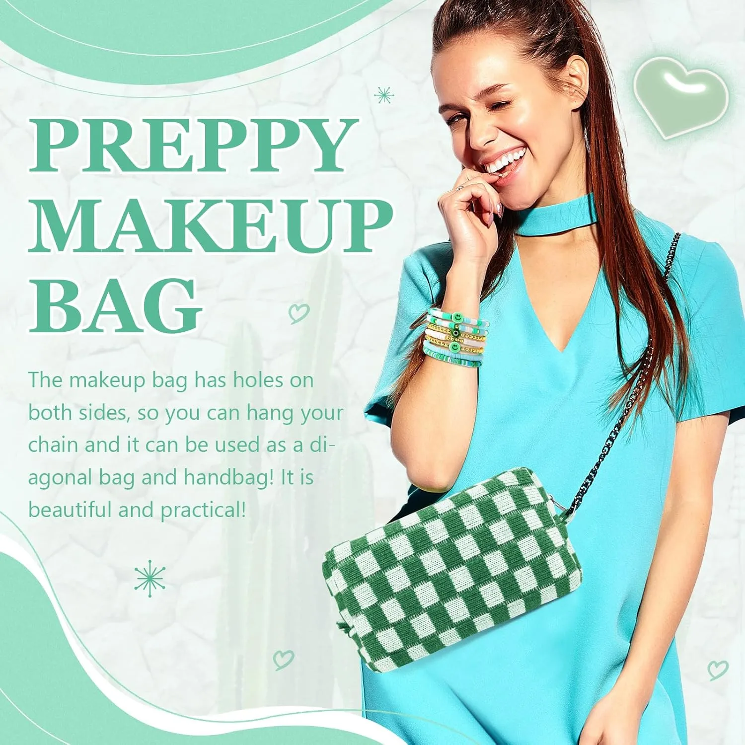 58 Pcs Checkered Makeup Bag Set Preppy Aesthetic Cosmetic Bag Travel Makeup Pouch Toiletry Bag 7 Pcs Heishi Surfer Bracelets with 50 Pcs Cute Preppy Stickers for Women Girls Teens Gift