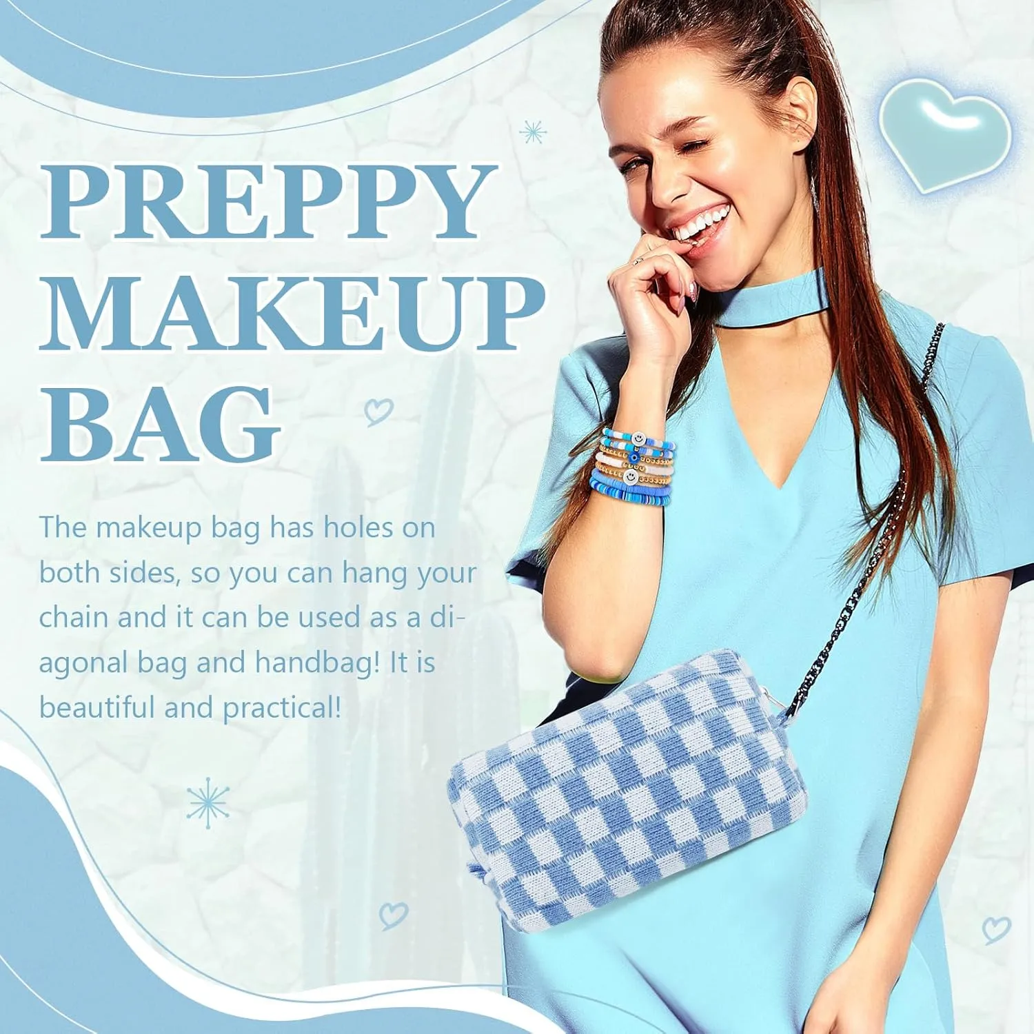 58 Pcs Checkered Makeup Bag Set Preppy Aesthetic Cosmetic Bag Travel Makeup Pouch Toiletry Bag 7 Pcs Heishi Surfer Bracelets with 50 Pcs Cute Preppy Stickers for Women Girls Teens Gift