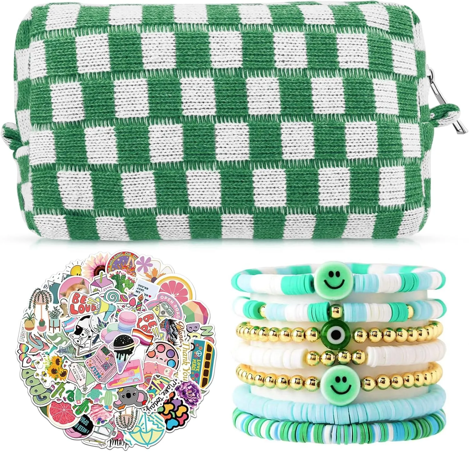 58 Pcs Checkered Makeup Bag Set Preppy Aesthetic Cosmetic Bag Travel Makeup Pouch Toiletry Bag 7 Pcs Heishi Surfer Bracelets with 50 Pcs Cute Preppy Stickers for Women Girls Teens Gift