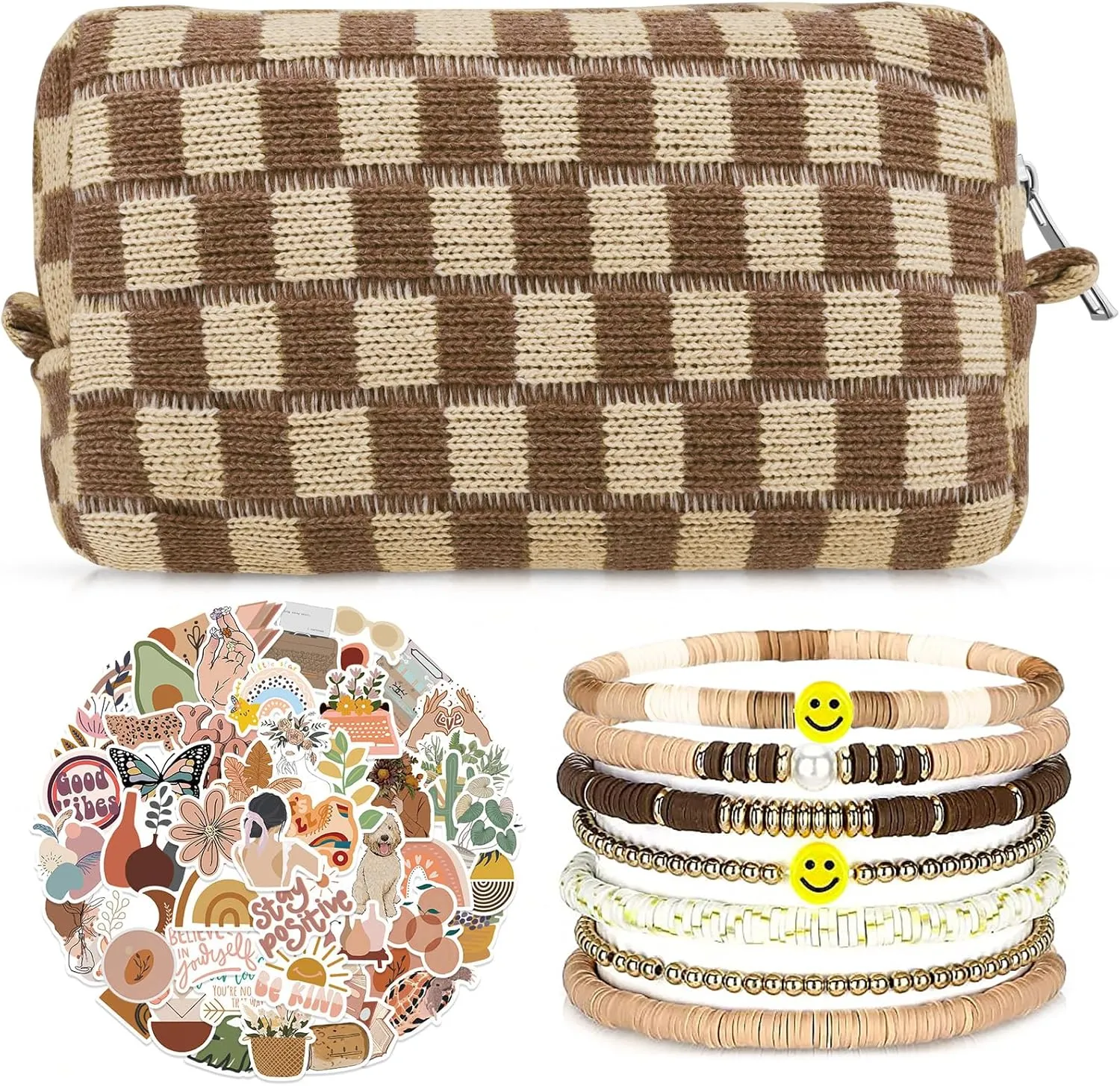 58 Pcs Checkered Makeup Bag Set Preppy Aesthetic Cosmetic Bag Travel Makeup Pouch Toiletry Bag 7 Pcs Heishi Surfer Bracelets with 50 Pcs Cute Preppy Stickers for Women Girls Teens Gift