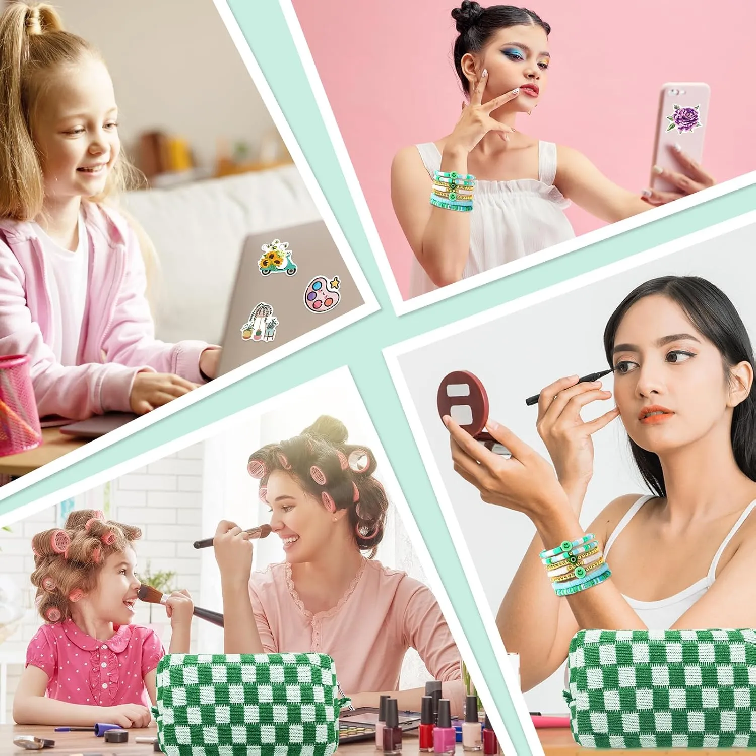 58 Pcs Checkered Makeup Bag Set Preppy Aesthetic Cosmetic Bag Travel Makeup Pouch Toiletry Bag 7 Pcs Heishi Surfer Bracelets with 50 Pcs Cute Preppy Stickers for Women Girls Teens Gift