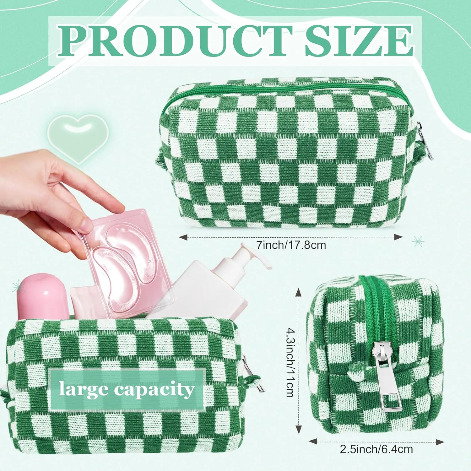 58 Pcs Checkered Makeup Bag Set Preppy Aesthetic Cosmetic Bag Travel Makeup Pouch Toiletry Bag 7 Pcs Heishi Surfer Bracelets with 50 Pcs Cute Preppy Stickers for Women Girls Teens Gift