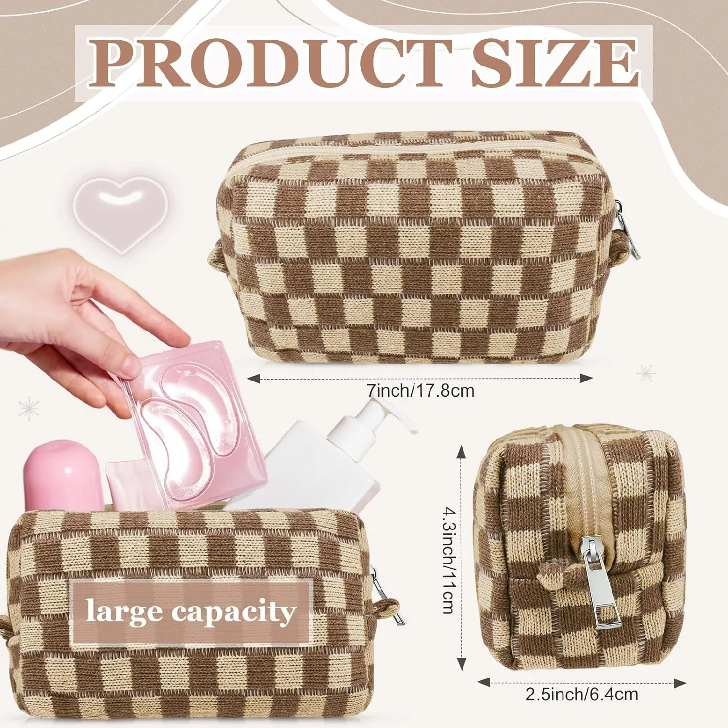 58 Pcs Checkered Makeup Bag Set Preppy Aesthetic Cosmetic Bag Travel Makeup Pouch Toiletry Bag 7 Pcs Heishi Surfer Bracelets with 50 Pcs Cute Preppy Stickers for Women Girls Teens Gift