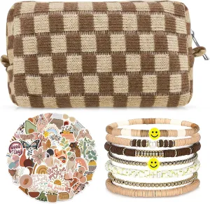 58 Pcs Checkered Makeup Bag Set Preppy Aesthetic Cosmetic Bag Travel Makeup Pouch Toiletry Bag 7 Pcs Heishi Surfer Bracelets with 50 Pcs Cute Preppy Stickers for Women Girls Teens Gift