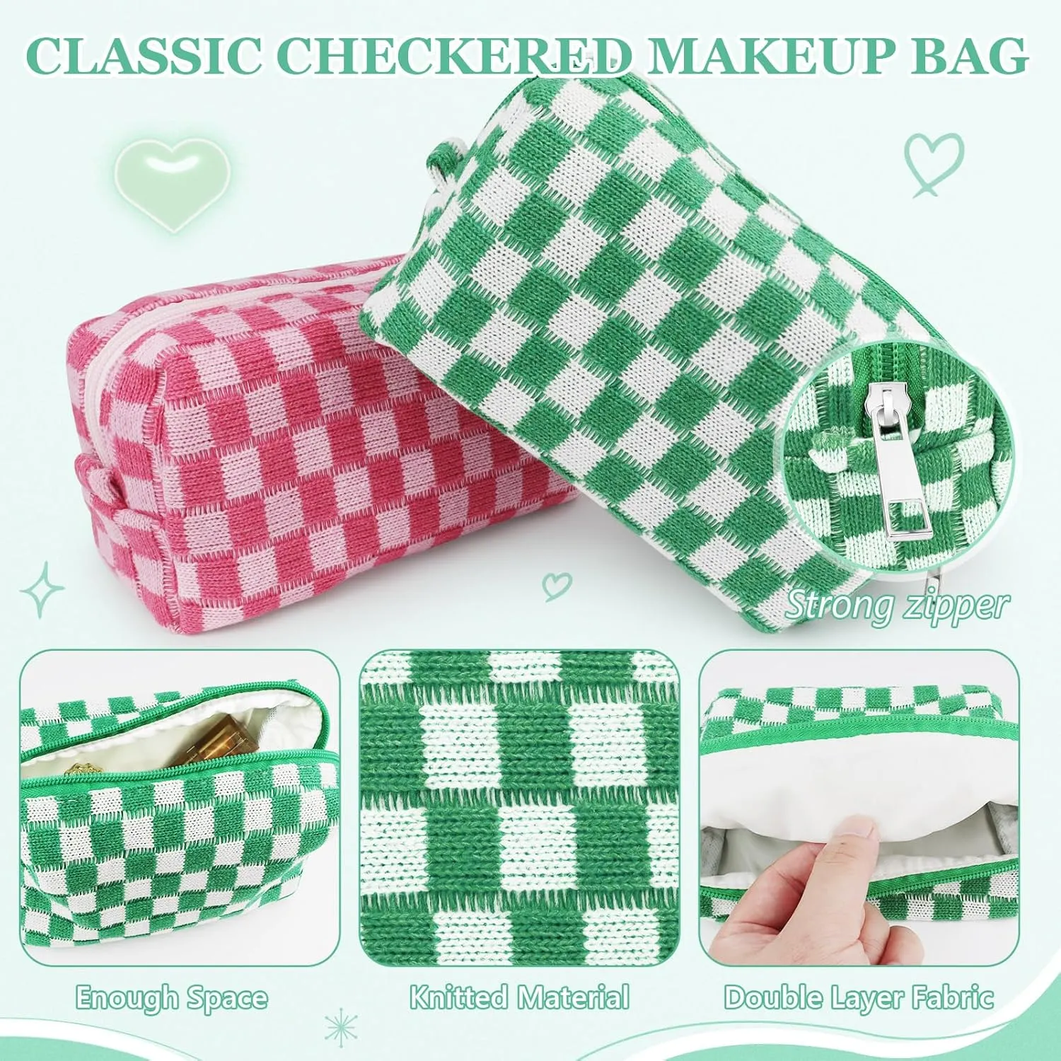 58 Pcs Checkered Makeup Bag Set Preppy Aesthetic Cosmetic Bag Travel Makeup Pouch Toiletry Bag 7 Pcs Heishi Surfer Bracelets with 50 Pcs Cute Preppy Stickers for Women Girls Teens Gift