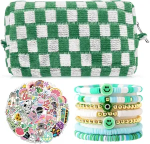58 Pcs Checkered Makeup Bag Set Preppy Aesthetic Cosmetic Bag Travel Makeup Pouch Toiletry Bag 7 Pcs Heishi Surfer Bracelets with 50 Pcs Cute Preppy Stickers for Women Girls Teens Gift