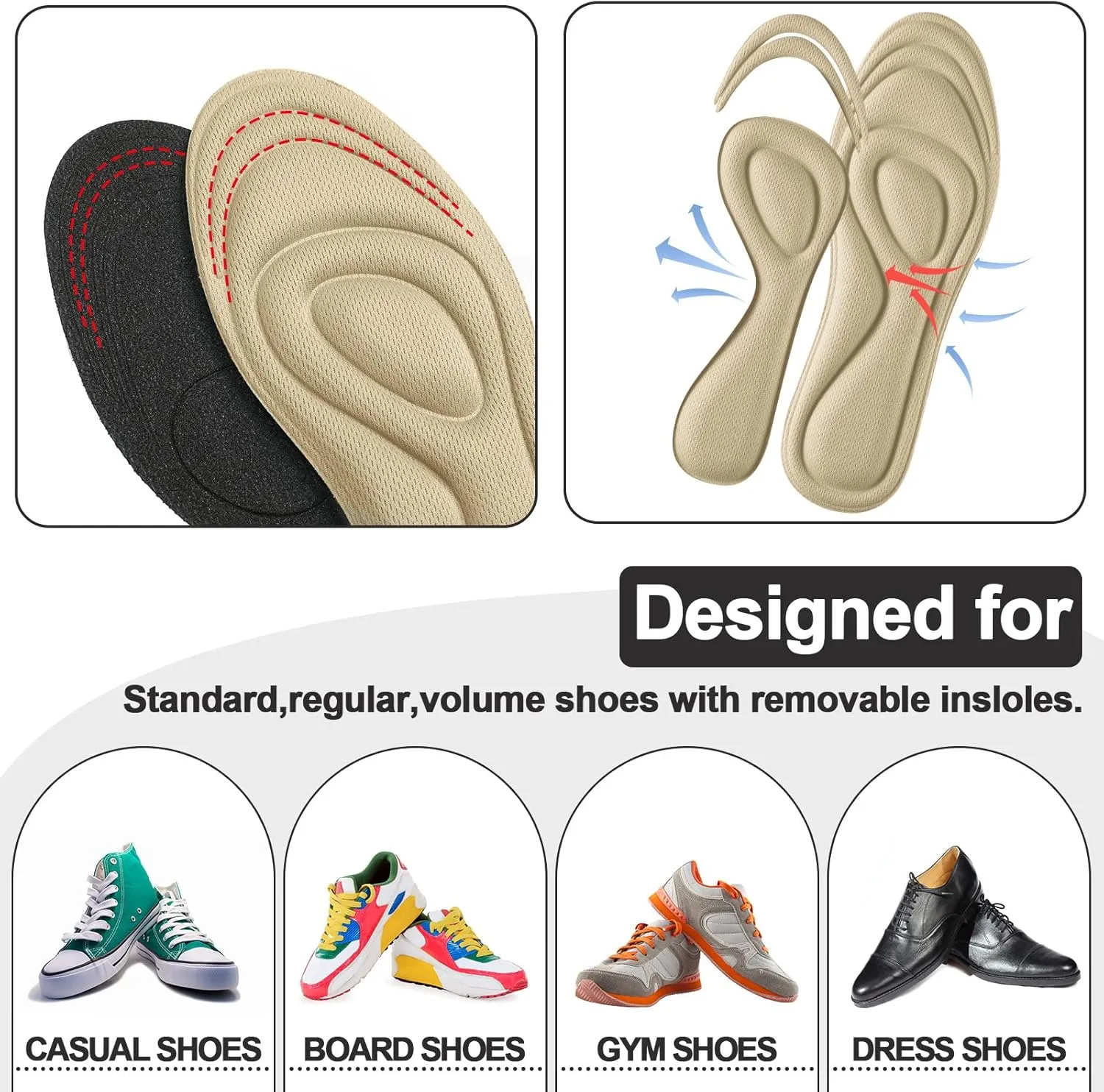 8 Pairs 3D Shoe Insoles Inserts Women Men, Sponge Insoles Replacement Innersoles Cushioning Work Boot Replacement Shoe Inserts(Classic Colors, Shoe Size 6-11)