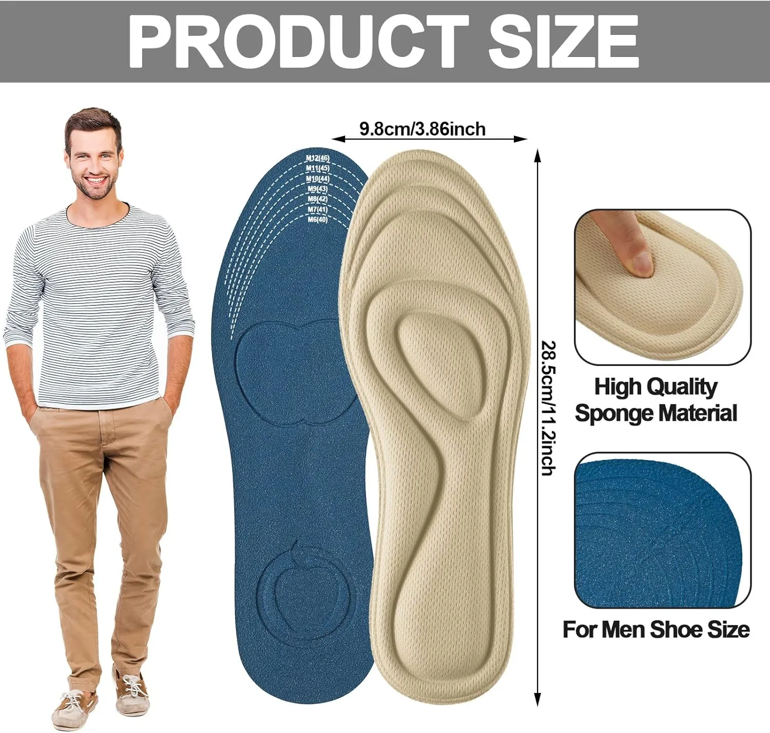 8 Pairs 3D Shoe Insoles Inserts Women Men, Sponge Insoles Replacement Innersoles Cushioning Work Boot Replacement Shoe Inserts(Classic Colors, Shoe Size 6-11)