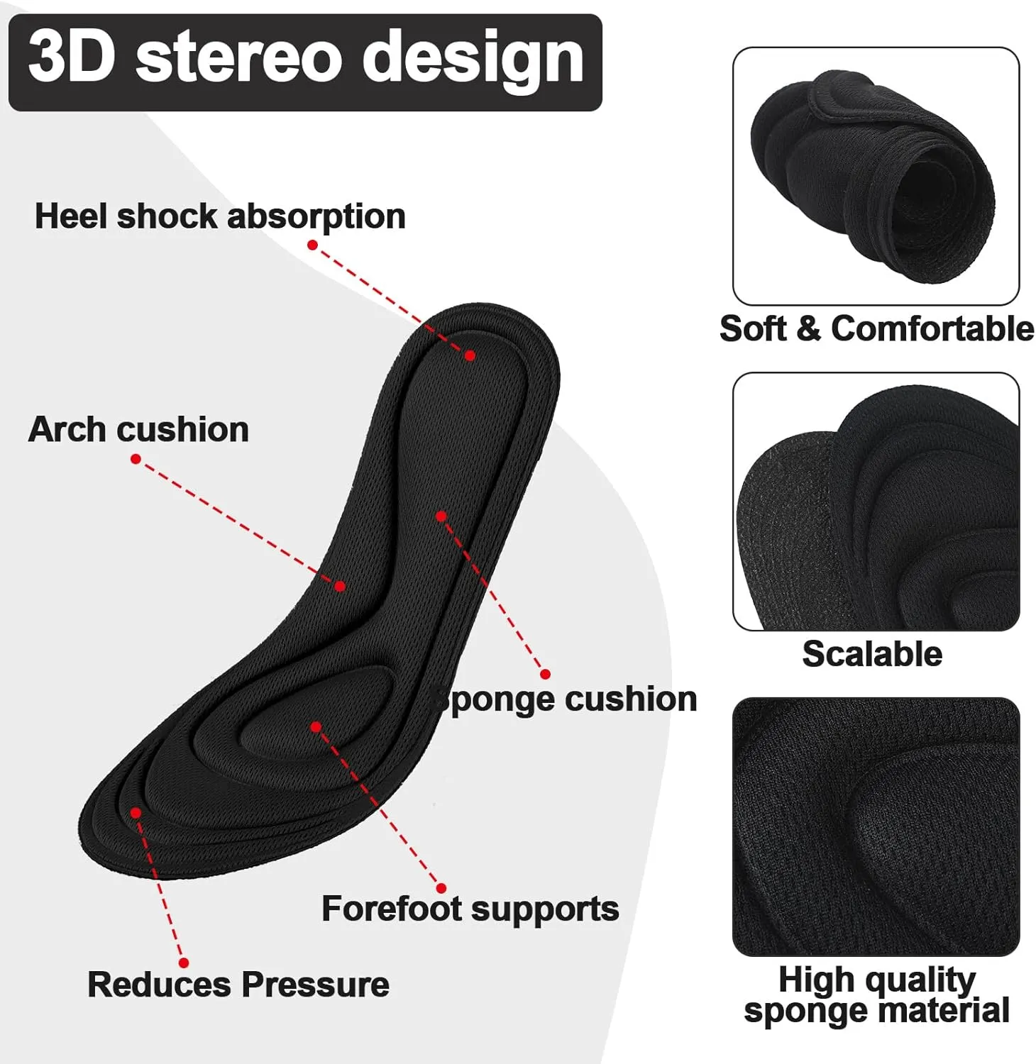 8 Pairs 3D Shoe Insoles Inserts Women Men, Sponge Insoles Replacement Innersoles Cushioning Work Boot Replacement Shoe Inserts(Classic Colors, Shoe Size 6-11)