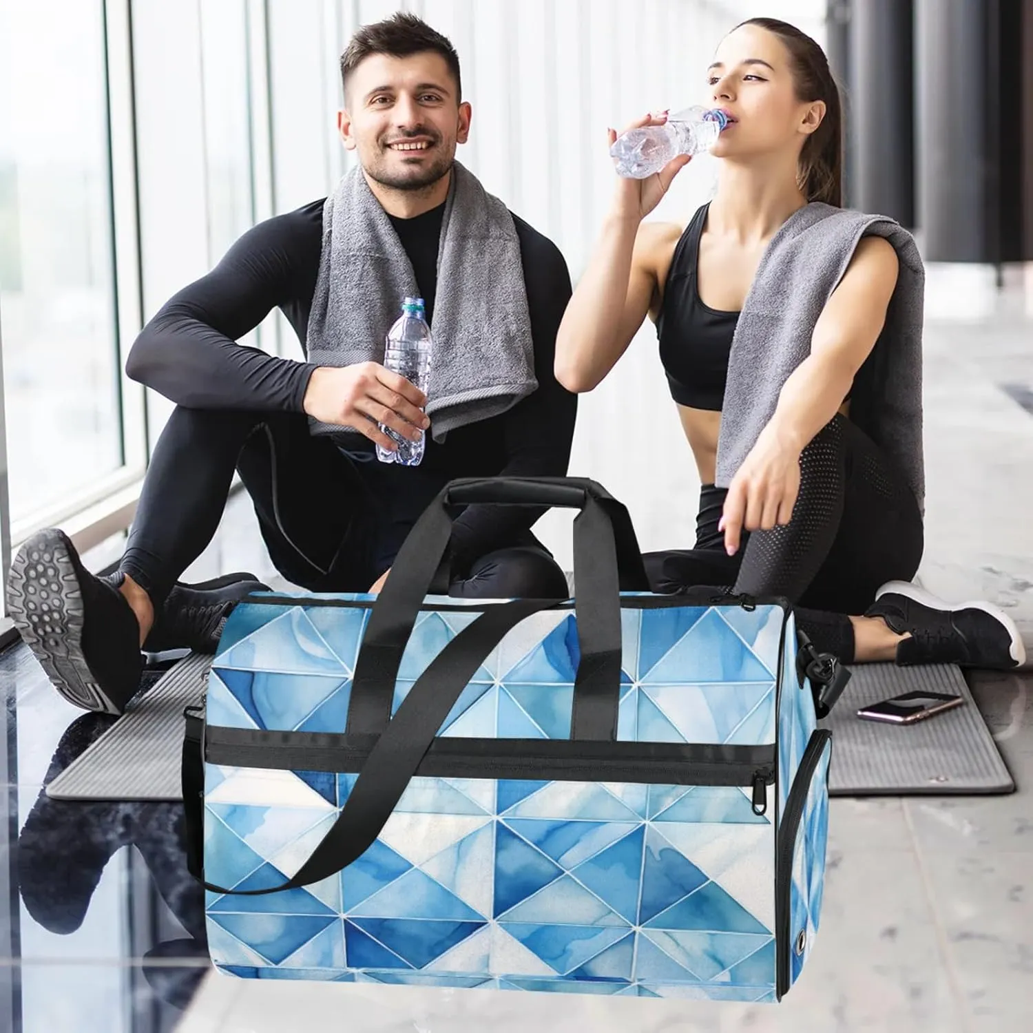 Abstract Gym Bags for Men Women, 43L Medium Sports Checkered Pattern Travel Duffel Bag for Men with Shoe Compartment,Carry on Bags for Airplanes Women