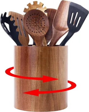 Acacia Wood 360° Rotating Utensil Holder - Non-Slip Large Capacity Crock for Kitchen Counter, Holds 15-20 Cooking Tools - Rustic Farmhouse Countertop Organizer (7.2" H x 6.3" D)