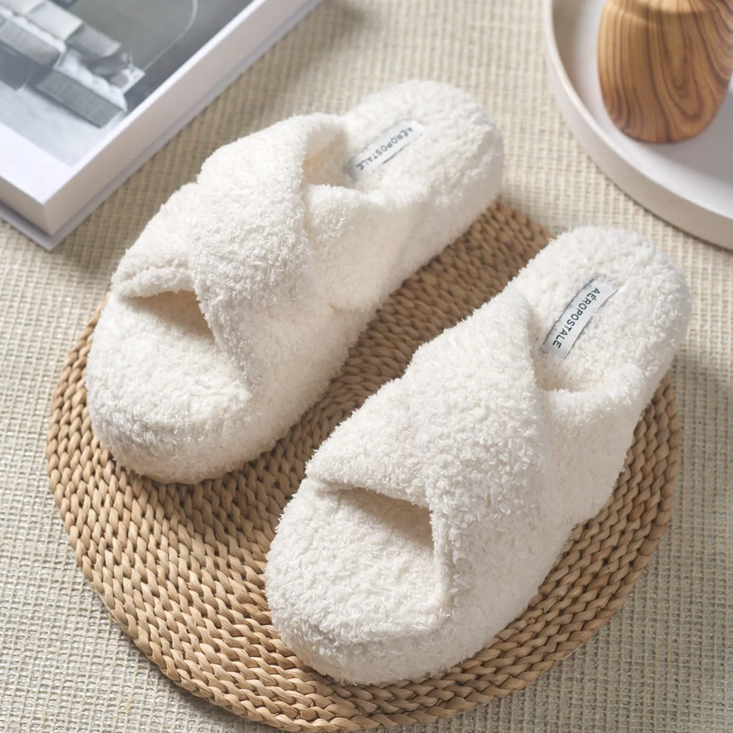 AEROPOSTALE Fuzzy Open Toe Slippers Shoes for Women – Soft Faux Sherpa Fur House Slippers with Memory Foam X Band, Indoor & Outdoor Non-Slip Sole, Fluffy Criss-Cross Design for Bedroom, Spa, and Lounge