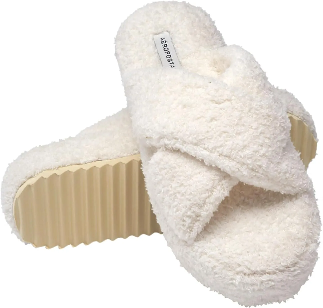AEROPOSTALE Fuzzy Open Toe Slippers Shoes for Women – Soft Faux Sherpa Fur House Slippers with Memory Foam X Band, Indoor & Outdoor Non-Slip Sole, Fluffy Criss-Cross Design for Bedroom, Spa, and Lounge