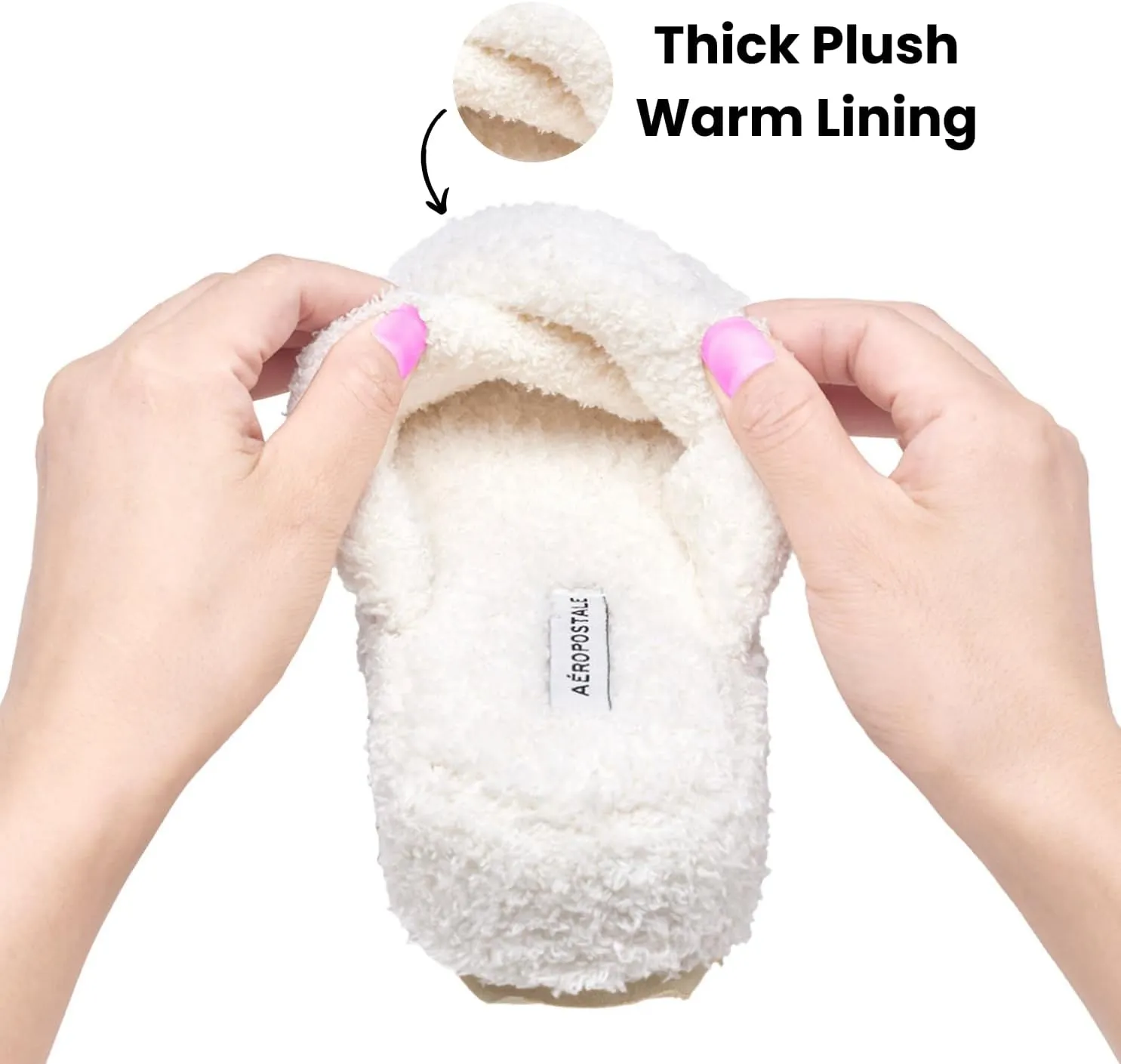 AEROPOSTALE Fuzzy Open Toe Slippers Shoes for Women – Soft Faux Sherpa Fur House Slippers with Memory Foam X Band, Indoor & Outdoor Non-Slip Sole, Fluffy Criss-Cross Design for Bedroom, Spa, and Lounge