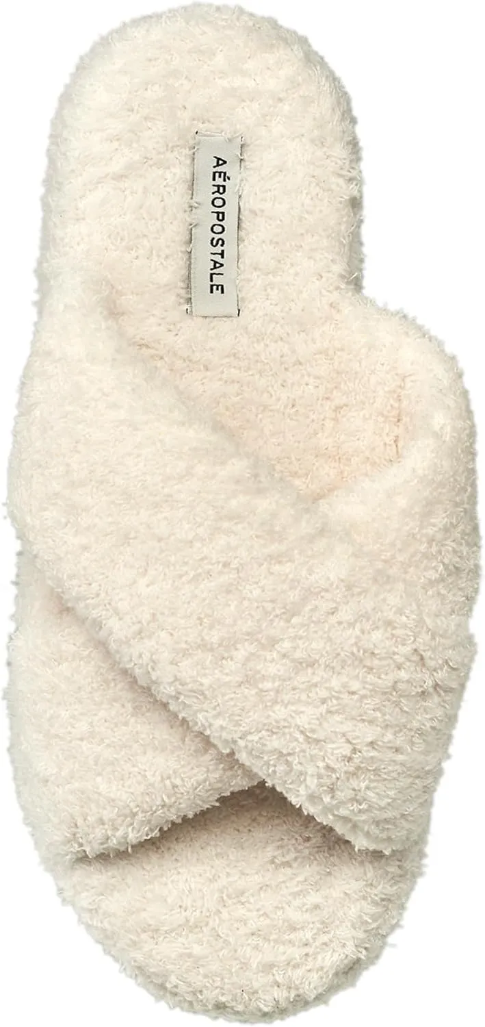 AEROPOSTALE Fuzzy Open Toe Slippers Shoes for Women – Soft Faux Sherpa Fur House Slippers with Memory Foam X Band, Indoor & Outdoor Non-Slip Sole, Fluffy Criss-Cross Design for Bedroom, Spa, and Lounge