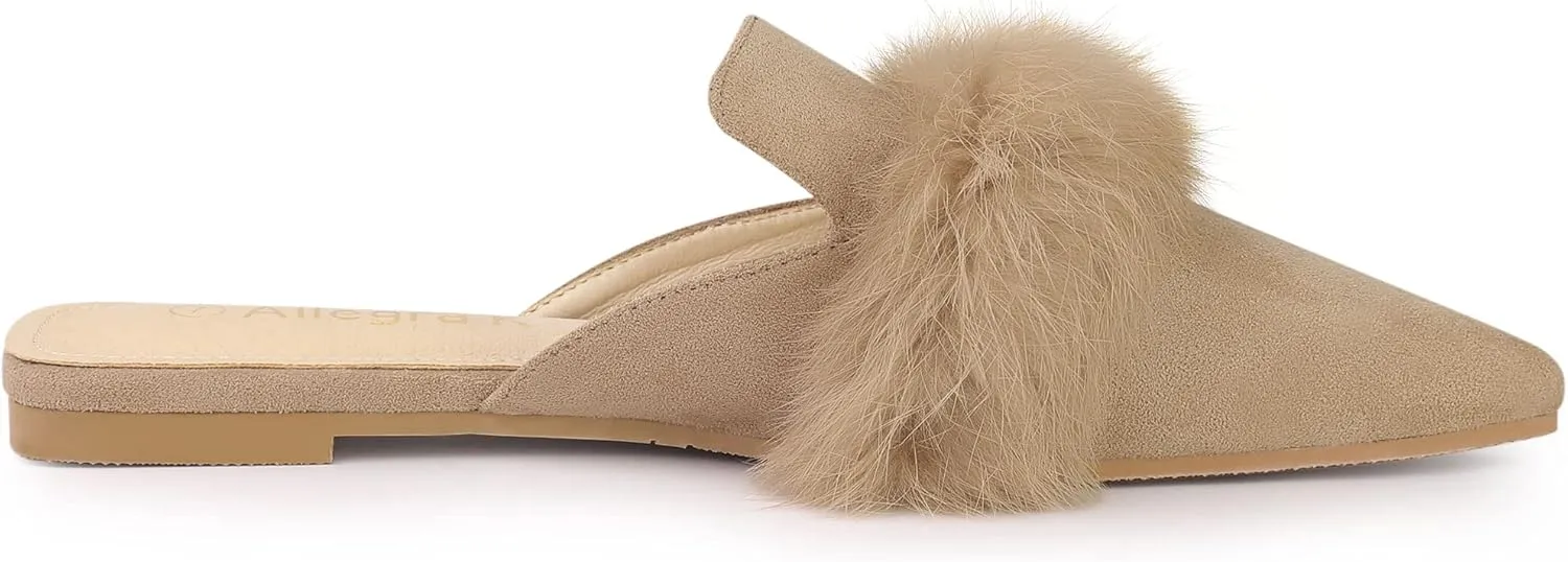 Allegra K Women's Pointed Toe Faux Fur Slip on Flat Slide Mules