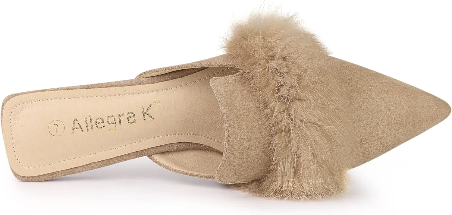 Allegra K Women's Pointed Toe Faux Fur Slip on Flat Slide Mules