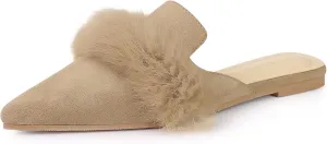 Allegra K Women's Pointed Toe Faux Fur Slip on Flat Slide Mules