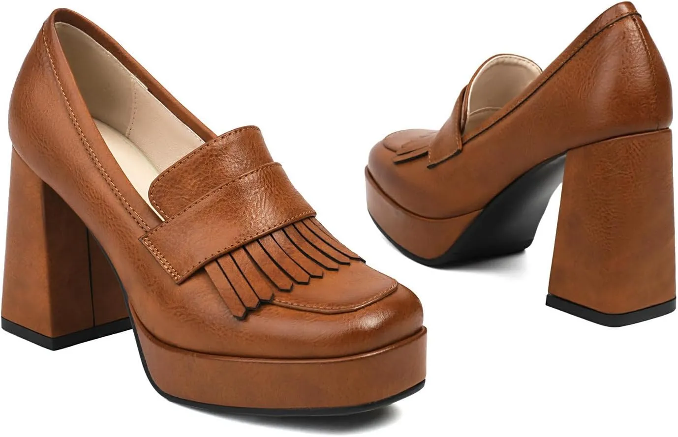 Alsoloveu Women's Platform High Heel Loafers Square Toe Chunky Heels Slip On Pump Shoes with Tassel Decor