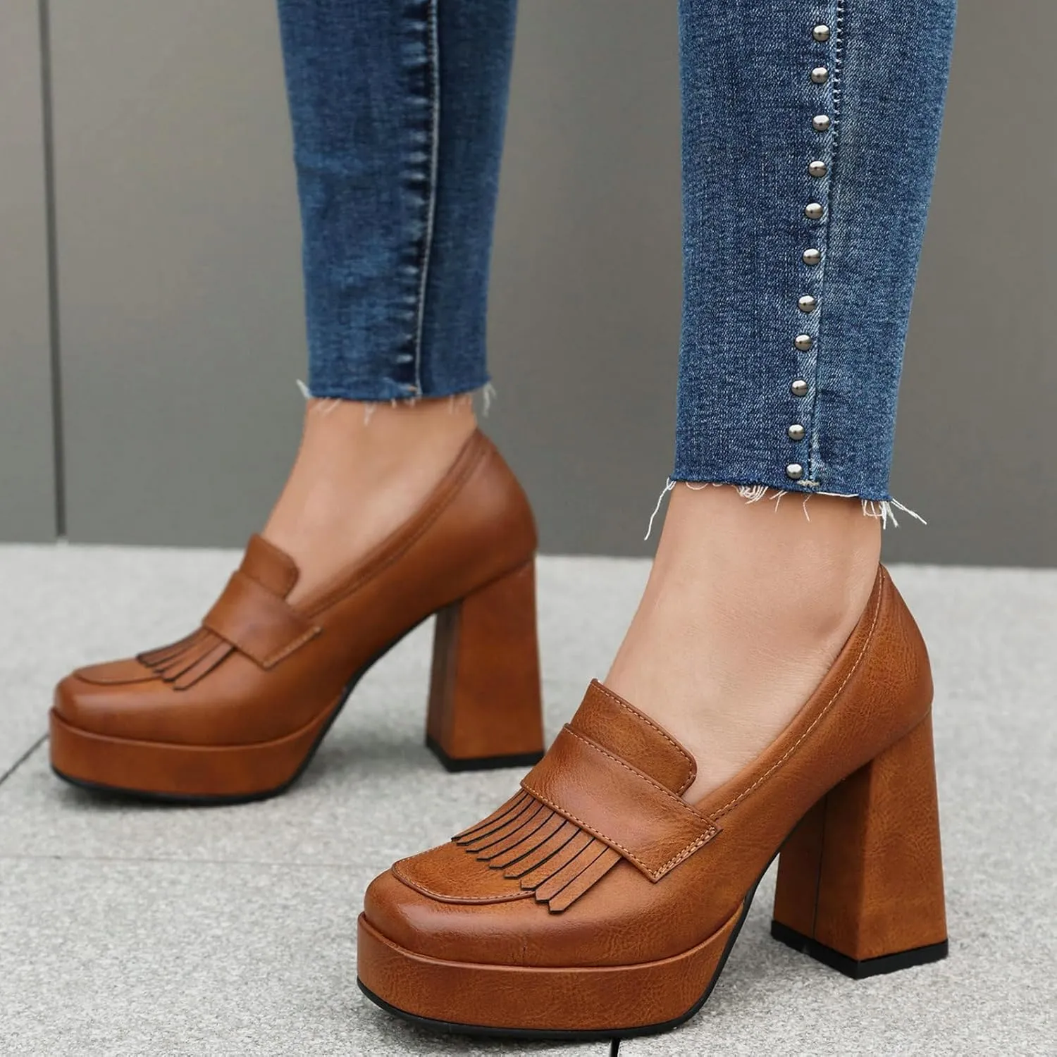 Alsoloveu Women's Platform High Heel Loafers Square Toe Chunky Heels Slip On Pump Shoes with Tassel Decor